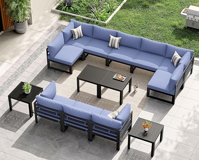 NICESOUL 14 Piece Oversized Modular Aluminum Outdoor Furniture Set with Side Table, 29" Deep and Wide Sectional Seating, 500 lbs High Weight Capacity Patio Conversation Set for Poolside, Denim Blue