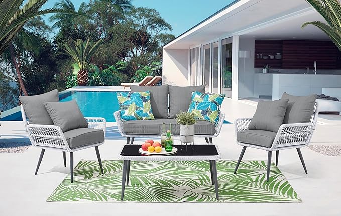 Manhattan Comfort Portofino 4-Piece Patio Conversation Set, Rope Wicker Design with Waterproof Cushions | Outdoor Furniture Includes 2 Armchairs, Loveseat & Coffee Table with Tempered Glass Top, Grey