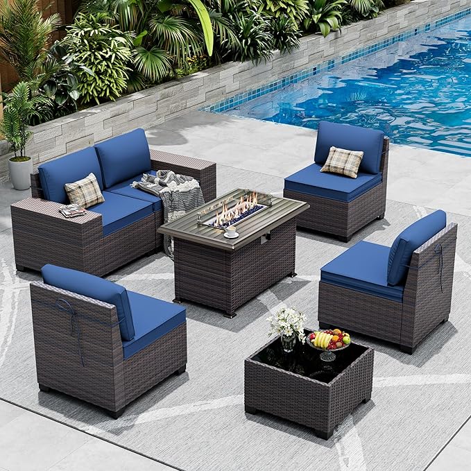 Outdoor Patio Furniture Set with Gas Fire Pit Table, 7 Pieces Patio Furniture Set Outdoor Sectional Sofa w/43in Propane Fire Pit, PE Wicker Rattan Patio Conversation Set - Dark Blue