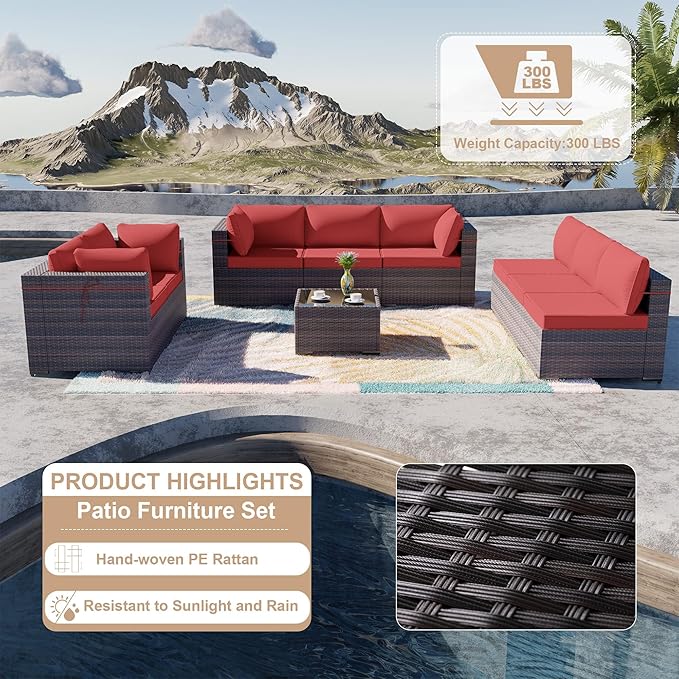 ALAULM 9 Pieces Patio Furniture Set Wicker Patio Conversation Set with 4 Corner Sofas, Outdoor Sectional Furniture w/Coffee Table & Washable Seat Cushions-Red
