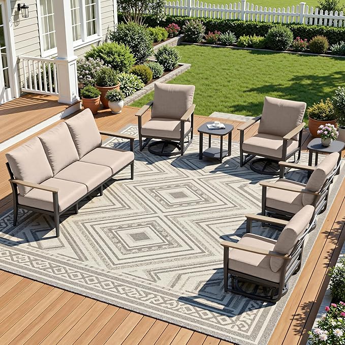 7-Seat Outdoor Patio Furniture Set with Rocking Swivel Chair, Aluminum Sectional Sofa Set with Ottomans, Patio Conversation Set with High Backrest & Thickened Cushions, Sand