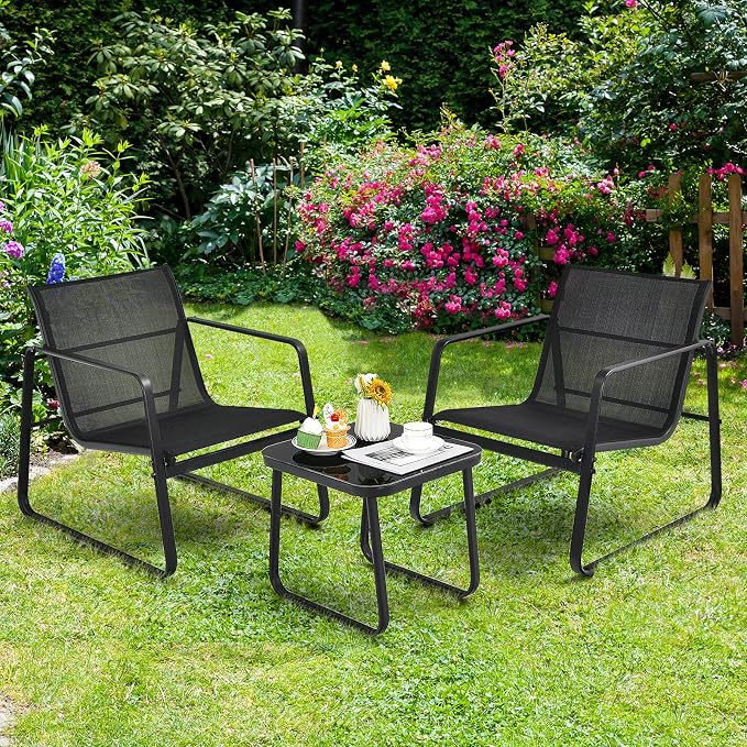 Tangkula 3 Pieces Outdoor Conversation Set, Patiojoy All-Weather Patio Furniture Set with Breathable Fabric and Steel Frame, Bistro Chat Set for Porch, Garden, Backyard (Black)