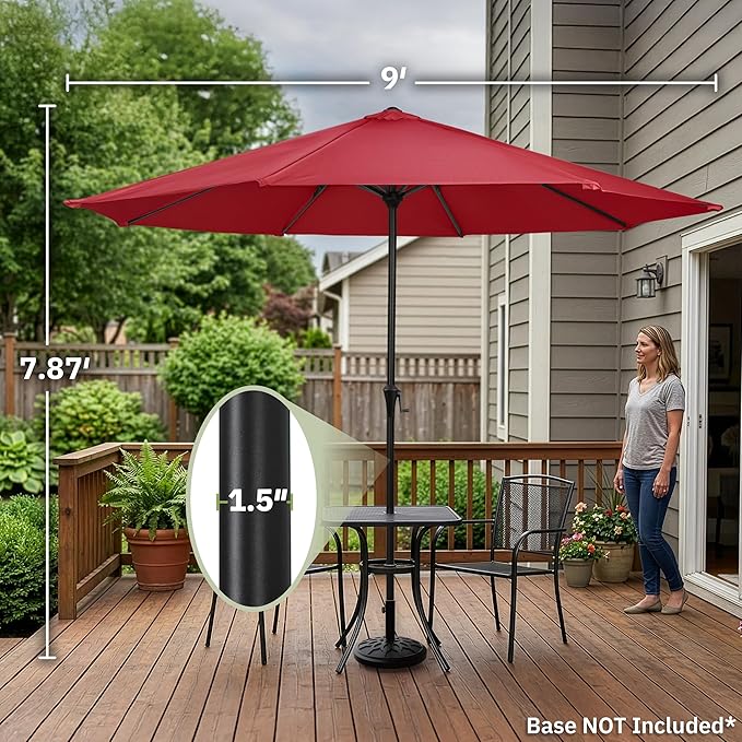 9FT Round Patio Umbrella - Easy Crank, Vented Canopy Outdoor Umbrella for Shade - For Deck, Balcony, Porch, Backyard, or Pool by Pure Garden (Maroon Red)