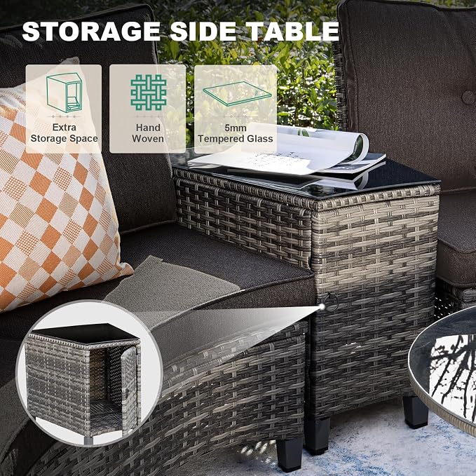 MEISSALIVVE 9-Piece Half-Moon Curved Outdoor Patio Furniture Set, Sectional Conversation Sofa with 2 Swivel Glider Chairs, Coffee & Side Tables for Backyard Deck Garden, Black