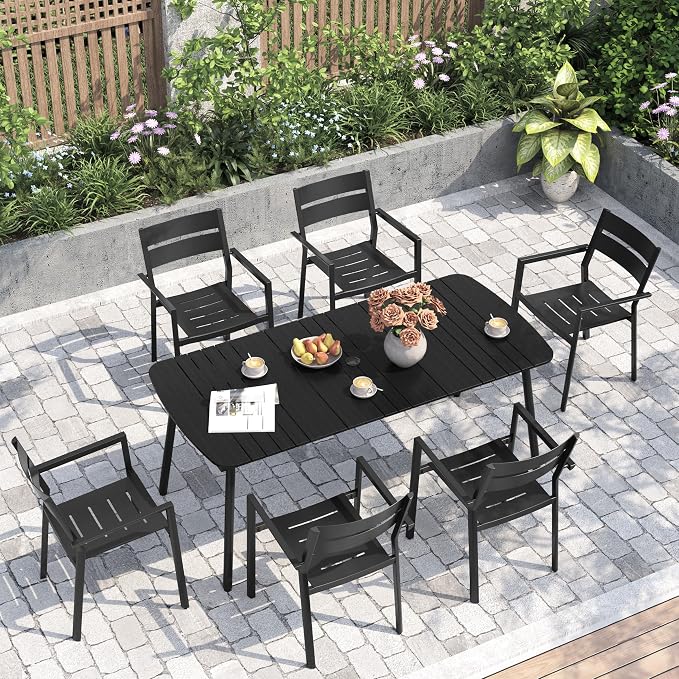 Crestlive Products Outdoor Dining Table for 6, 70In Aluminum Patio Table with Umbrella Hole Weather Resistant Rectangle OutsideTables for Garden Lawn, Black