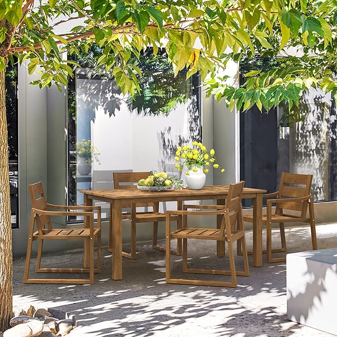 Cozyman Patio Table and Chairs Set, HDPS 5-Piece Outdoor Dining Set, Patio Furniture for Deck, Poolside, and Backyard, Teak Color-Oil Printed