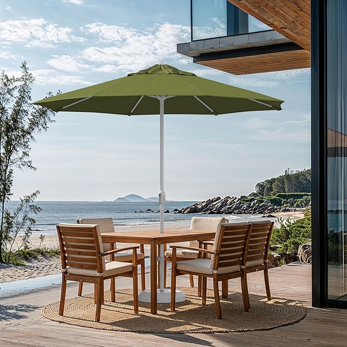 California Umbrella 10-Year Protection 9 Ft Outdoor Patio Umbrella, Pacifica Fade-Resistant Fabric, Auto-Tilt, Heavy Duty Aluminum Frame, 8 Reinforced Ribs for Pool or Deck, White Pole, Palm