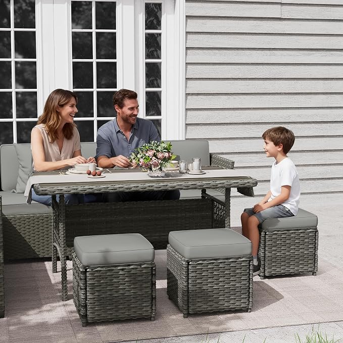 KIGOTY 7 Piece Patio Furniture Set, Outdoor PE Wicker Rattan Outdoor Dining Set, Patio Table and Chairs Set, Patio Conversation Sofa Set with Dining Table and Ottoman(Grey-Light Grey)