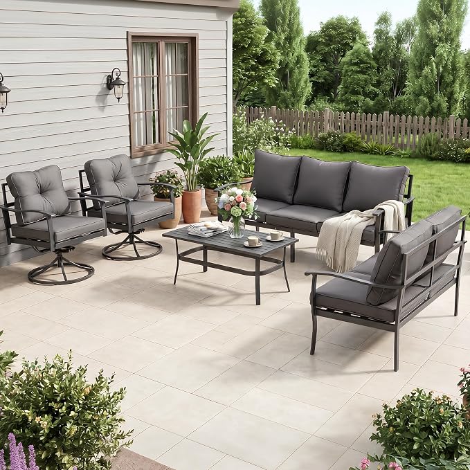 Outdoor Patio Furniture Set, 5 Pieces Metal Modern Outside Sectional Conversation Lawn Furniture with Coffee Table & Washable Thick Cushions,Seating Sofa for Garden,Backyard,Porch,Grey