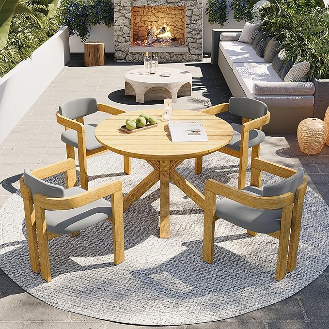 Christopher Knight Home Katy Modern 5 Piece Outdoor Dining Set, Round Dining Table Set for 4 with Chairs, Acacia Wood Patio Furniture Set with Barrel Chairs and Seat & Back Cushions, Grey+Natural