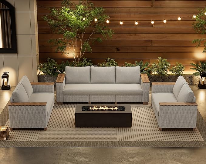 PaPaJet Modern 7 Piece Outdoor Patio Furniture Set, Rattan Wicker Sofa Set, Outdoor Sectional Furniture Set with Washable Cushions for Lawn Backyard Garden, Beige(88"+63" x2)