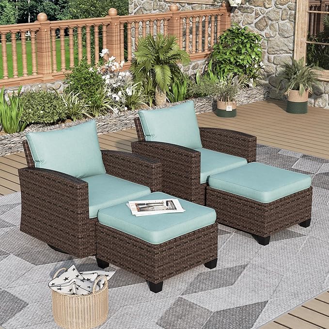 4 Pieces Swivel Wicker Patio Furniture Set, Rattan Outdoor Conversation Set with 2 Pieces Swivel Glider Chairs, 2 Pieces Ottomans, Blue