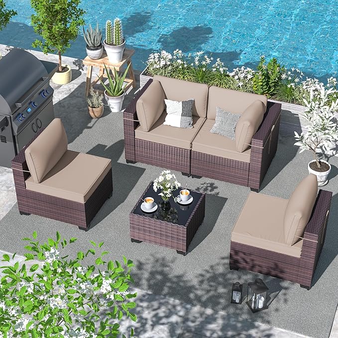 ALAULM 5 Pieces Patio Furniture Set Wicker Patio Conversation Set, Outdoor Sectional Furniture w/Coffee Table & Washable Seat Cushions-Sand