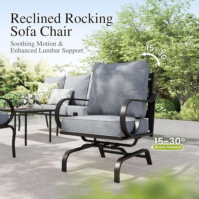 Sophia & William Patio Conversation Set for 4, 4 Rocking Chairs and a 28" Square Fire Pit Table, Metal Outdoor Furniture with 5.75" Extra Thick Cushions, Grey