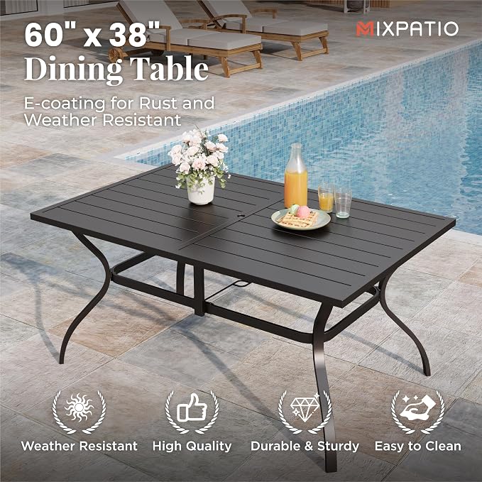 MIXPATIO Outdoor Table and Chairs, Patio Dining Sets for 6 with Blue Chairs and Metal Rectangular Table for Deck Backyard Lawn Poolside