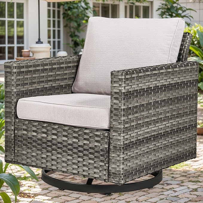 Outdoor Patio Swivel Rocker Chairs - Single Wicker Patio Swivel Rocking Chair with Waterproof Wicker,Comfortable Cushions and Sturdy Metal Frame for Outside Porch Deck Backyard(Mixed Grey/Beige/1PC)