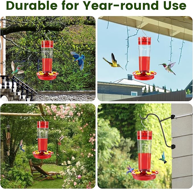 2 Pack Plastic Hummingbird Feeders for Outdoors Hanging Ant and Bee Proof,15 Ounces Red Hummingbird Feeder with 5 Feeding Ports and Perches, Built-in Ant Moat, Outside Garden Décor (Plastic, 2)
