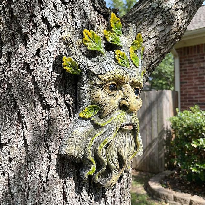 9.8" Whimsical Tree Face Sculpture, Garden Peeker Statue, Outdoor Trunk Tree Huggers Art, Landscape Accent Ornament, Hanging Fairy Elve Figurine for Yard Art, Trees Decor Wall Mounted Statues