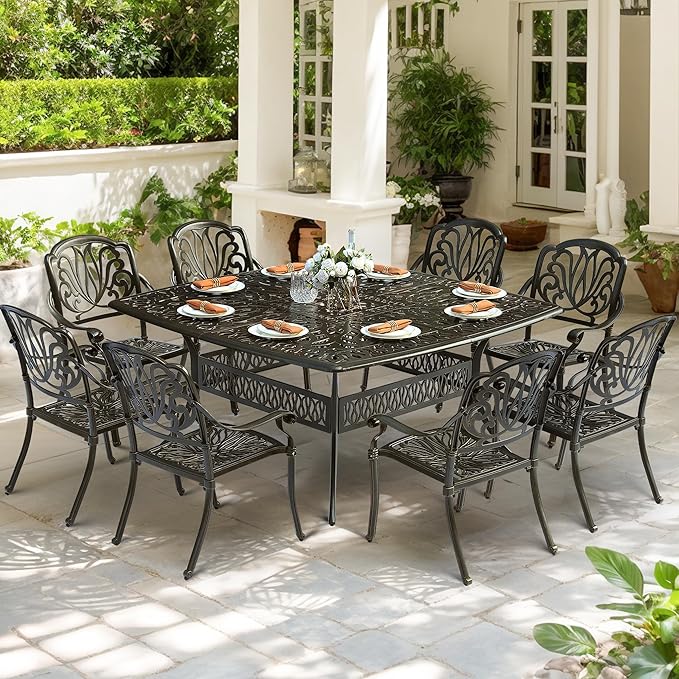 9-Piece Patio Cast Aluminum Dining Set, Outdoor Dining Furniture Set for 8 Person, Includes 64" Large Square Dining Table and 8 Chairs with Umbrella Hole for Patio Deck Garden