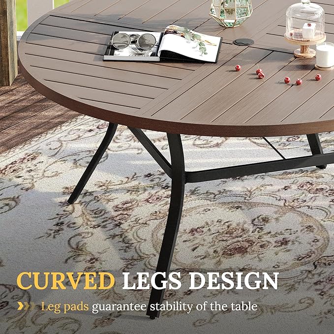 VICLLAX Patio Dining Set for 8, 8 Seats Outdoor Furniture Includes 59.9" Round Patio Table and Swivel Padded Chairs, Grey Wood Grain Tabletop and Sandshell Fabric