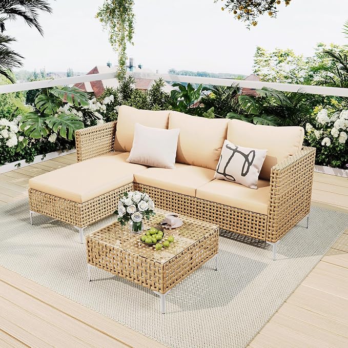 3 Pieces Small Patio Furniture Set,Wicker Chaise Longue Conversation Set, Rattan L-Shaped Sofa Couch with Coffee Table for Deck Porch Balcony and Garden