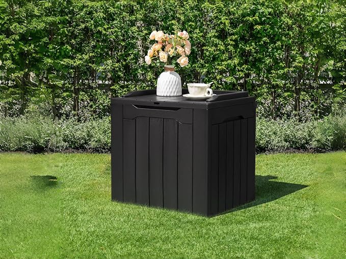 28 Gallon Black Outdoor Deck Box, Waterproof Resin Storage Box with Lid for Patio