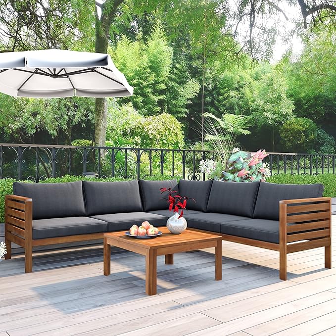 Patio Furniture 4 Pieces Conversation Sets, Acacia Wood Outdoor Sectional Furniture Conversation Sets with Cushions and Coffee Table for Garden Backyard Balcony and Porch (Gray)