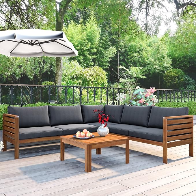 L-Shaped Wood Structure Outdoor Couch & Coffee Table,Sturdy Outdoor Conversation Sectional Sofa with Cushions,Elegant Outdoor Chaise Lounge,Patio Furniture Set For Garden,Poolside,Balcony,Gray