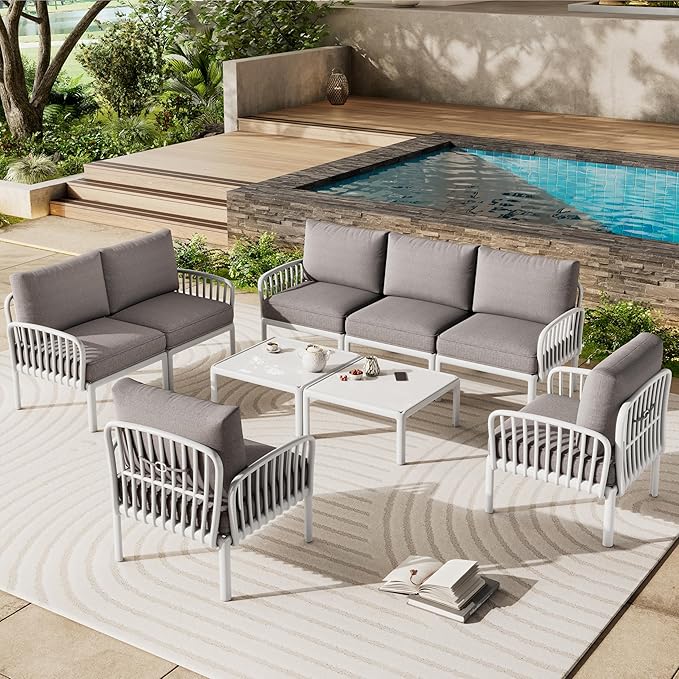 Christopher Knight Home Landon 5 Pieces Patio Conversation Set, 3 Seater Sofa with Coffee Table, Couch and Club Chair, Thick Cushion Armchair, Outdoor Conversation Set for Gathering, White+Light Gray
