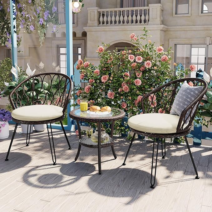 Montary 3 - Piece Outdoor Leisure Set,2 Stylish Hand - Woven Rattan Single Chairs & a Sturdy Tempered Glass Round Table - Ideal for Relaxing on Balconies and Courtyards,Brown & Beige