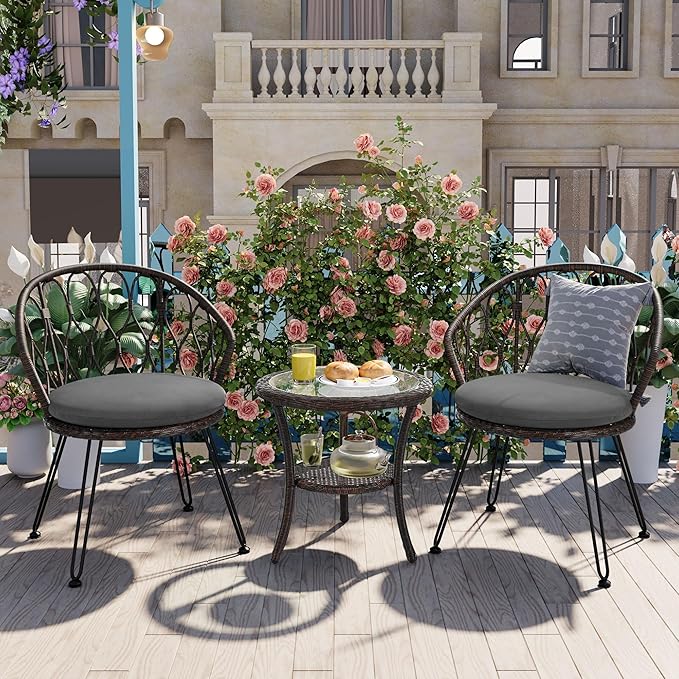 Montary 3 - Piece Outdoor Leisure Set,2 Stylish Hand - Woven Rattan Single Chairs & a Sturdy Tempered Glass Round Table - Ideal for Relaxing on Balconies and Courtyards,Brown & Gray