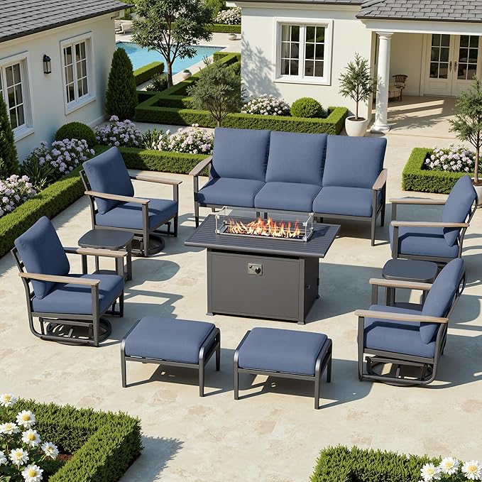 9-Seat Outdoor Patio Furniture Set with Rocking Swivel Chairs, Aluminum Sectional Sofa with Ottomans Patio Conversation Set with 55,000 BTU Fire Pit Table & High Backrest, Navy Blue