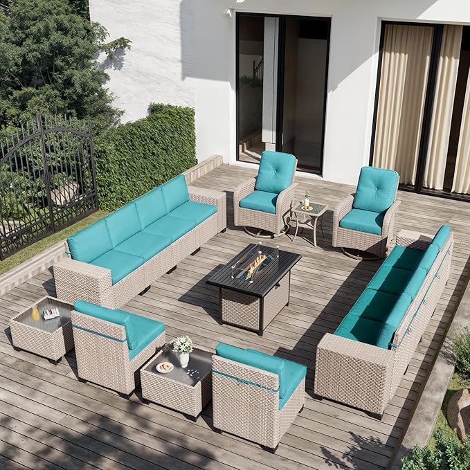 16 Pieces Patio Furniture Set with Fire Pit Table, Outdoor Sectional Wicker Sofa with Thick Cushions, High Back Swivel Rocker Patio Chairs, Rattan Conversation Set with Coffee Table, Cyan