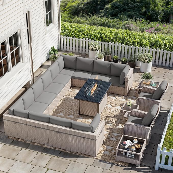 18 Pieces Patio Furniture Set with Fire Pit Table, Outdoor Sectional Wicker Sofa with Thick Cushions, High Back Swivel Rocker Patio Chairs, Rattan Conversation Set with Coffee Table, Grey