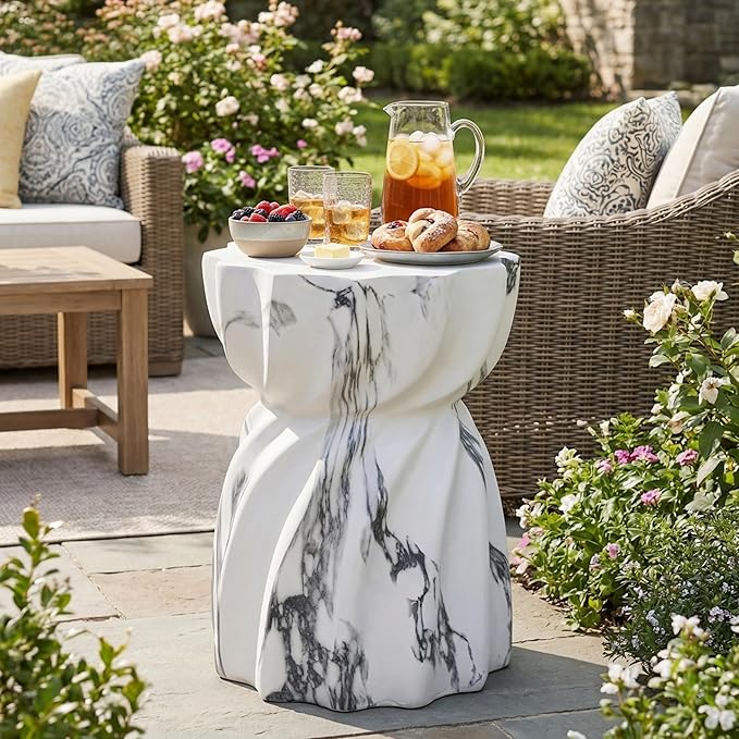 Christopher Knight Home 19.29 Inch Modern Outdoor Faux Concrete Side Table, Patio End Table with Fluted Hourglass Design, Accent Table for Garden Balcony Poolside