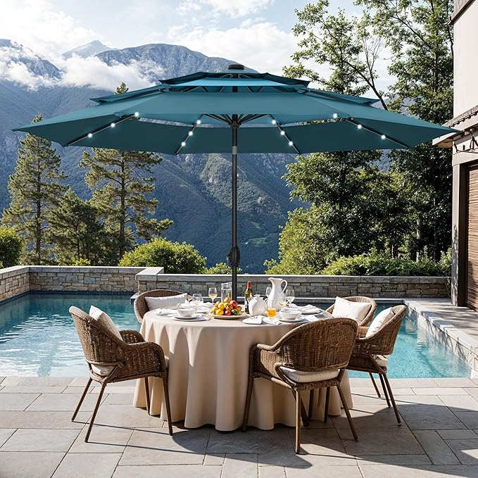 Sophia & William 10ft Patio Umbrellas 3-Tier Umbrella Outdoor Patio Umbrellas with Lights Vented Top 24 LED lights Adjustable Tilt for Pool Garden Backyard, Mixed Peacock