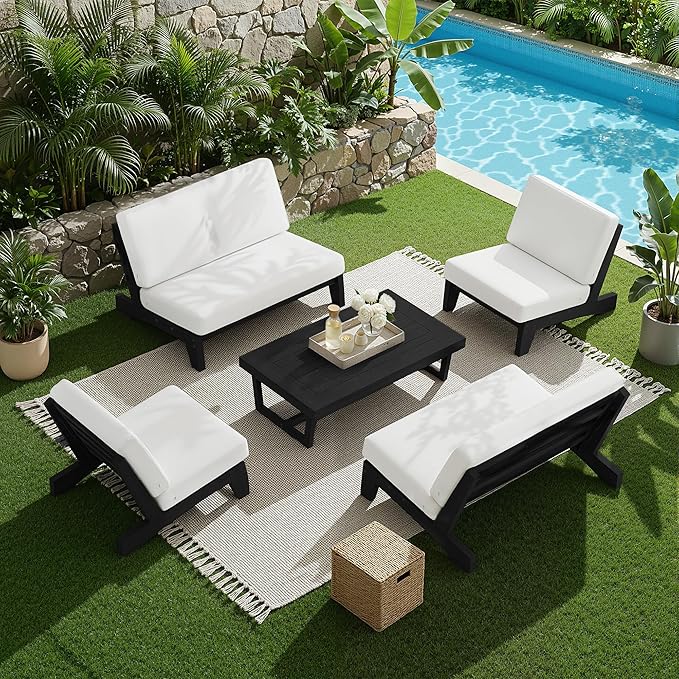 UIXE 7 Pieces Black Wood Patio Furniture Sets, 2 Patio Loveseat, 4 Patio Bistro Chair, All Weather Outdoor Sectional Sofa Furniture Backyard Conversation Set with Coffee Table - Beige