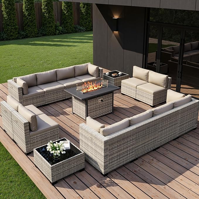 15-Piece Outdoor Patio Furniture Set with 55,000 BTU Fire Pit Table, PE Wicker Rattan Sectional Sofa Conversation Set - All-Weather Garden, Backyard Furniture, Beige