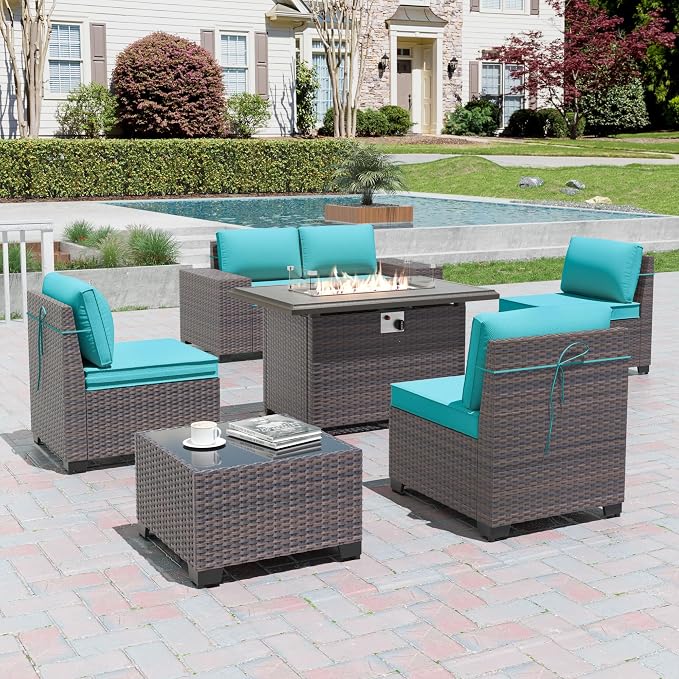 7 Pieces Outdoor Patio Furniture Set with 43"/55000BTU Gas Fire Pit Table,PE Rattan Wicker Outdoor Conversation Sofa Set Non-Slip Cushions Waterproof Covers for Backyard,Poolside,Garden,Blue