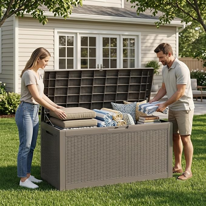 ROJIK 120 Gallon Waterproof Outdoor Deck Storage Box, Lockable Resin Patio Storage Bin with Lid for Garden Tools, Patio Cushions & Outdoor Accessories(Grey)