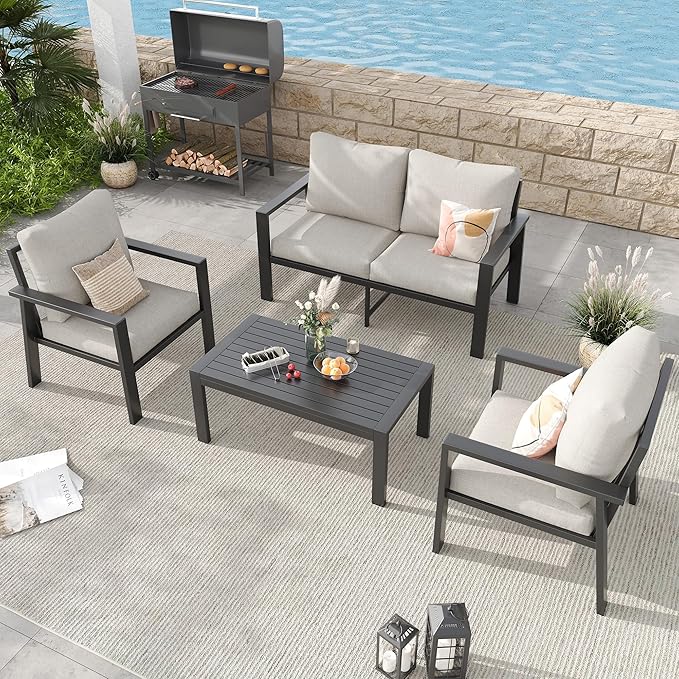 4-Piece Aluminum Patio Conversation Sets All-Weather Sectional Outdoor Furniture Set with Coffee Table & Cushions with Removable Covers for for Backyard, Garden and Poolside Easy Assembly(Beige)