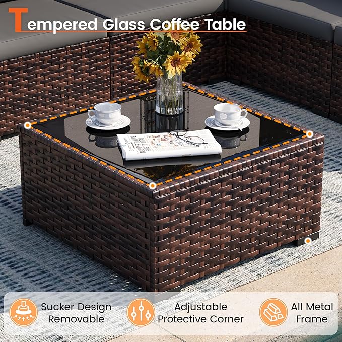 8 Piece Patio Furniture Set with 44" Fire Pit Table, Outdoor Sectional Wicker Rattan Sofa Set with Coffee Table (Grey/Brown)