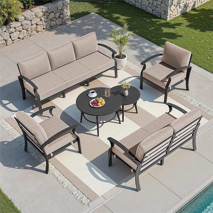 Kullavik Aluminum Patio Furniture Set with 2 Round Coffee Tables,7-seat Metal Outdoor Sectional Furniture w/5.1" Cushions,Patio Conversation Sets for Garden,Backyard,Porch-Sand