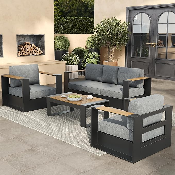 Aluminum Patio Furniture Set, 5 Seats Luxury Seating Furniture with Coffee Table, All Weather Outdoor Conversation Sets with 6" Thickened Cushions