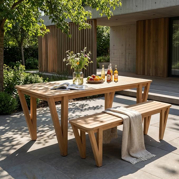 Christopher Knight Home Cove 2 Piece Acacia Wood Dining Table Set for 2, Outdoor Dining Table with Bench Set, Farmhouse Patio Furniture Set with Slatted Design & V-Shaped Legs, Light Teak