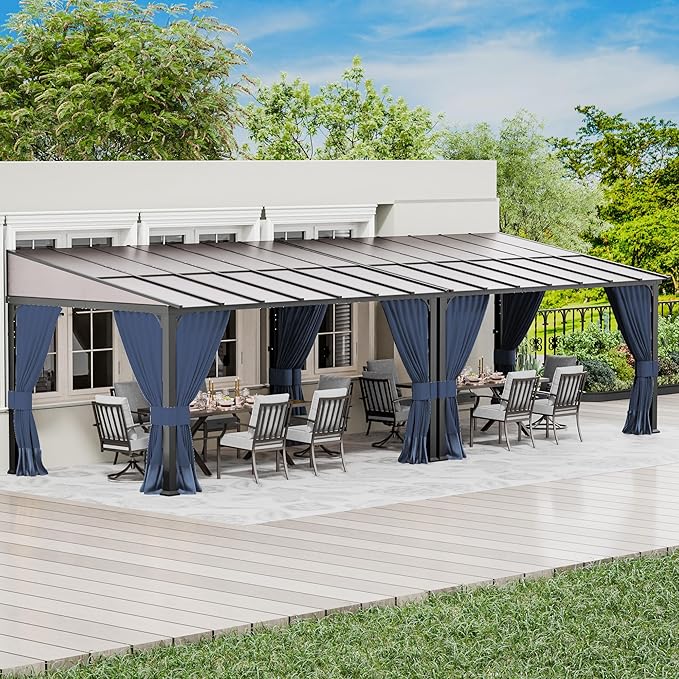 10' x 28' Lean to Gazebo,Large Wall Mount Heavy Duty Gazebos Pavilion,Outdoor Hardtop Pergola Shelter with Curtains and Netting,Sunshade for Patio Garden Lawn Backyard Deck,Navy Blue