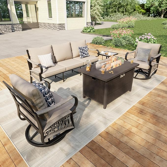 5 Pieces Patio Furniture Set, Metal Outdoor Conversation Sets with Fire Pit Table and Swivel Chairs for Backyard Garden Deck Porch Poolside (Thick Beige Cushions)