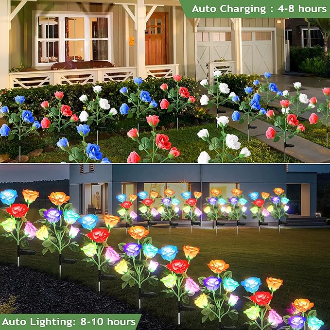 10 LED 7-Color Changing Solar Rose Flower Lights Garden Decorations Outdoor Waterproof Decorative Stake Lights for Patio Pathway Yard Lawn Decor(2 PCS Blue)