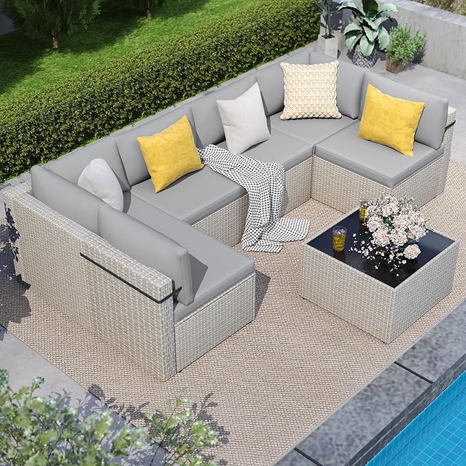 7-Piece Outdoor Sectional Sofa Set, Weather-Resistant Patio Furniture Set with Washable Cushions and Coffee Table, Grey Rattan Patio Conversation Set for Poolside, Backyard, Deck (Grey)