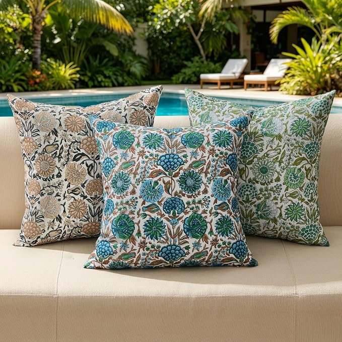 Allorry Outdoor Waterproof Pillow Covers 20x20 Blue Floral Outdoor Decor | Set of 2 Vintage Floral Block Print Pillow Cover,Farmhouse Boho Decorative for Spring Summer Outdoor Sofa Bedroom Decor